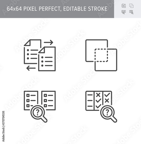 Comparison line icons. Vector illustration included icon as compare files, options, outline pictogram of price analysis. 64x64 Pixel Perfect Editable Stroke