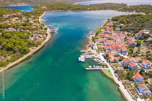 Town of Veli Rat on Dugi Otok island on Adriatic sea in Croatia, aerial view from drone, beautiful seascape