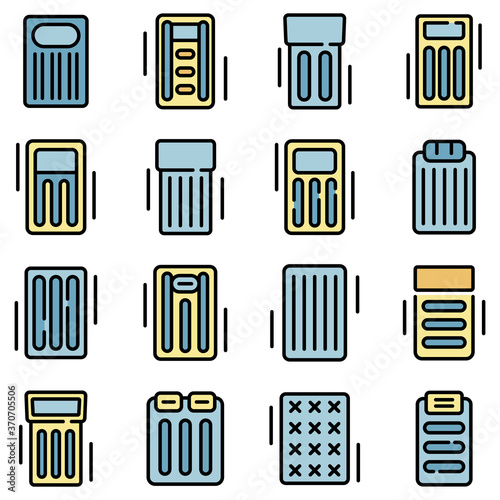 Inflatable mattress icons set. Outline set of inflatable mattress vector icons thin line color flat on white