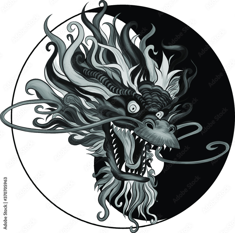 Yin Yang and head Chinese dragon black and white tattoo sketch vector ...