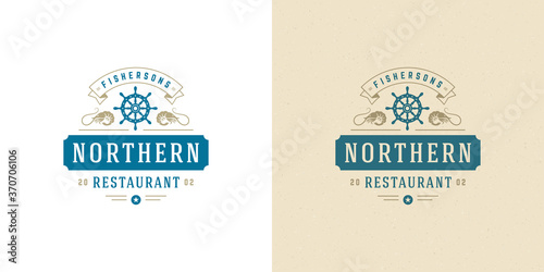 Seafood logo or sign vector illustration fish market and restaurant emblem template design helm silhouette.