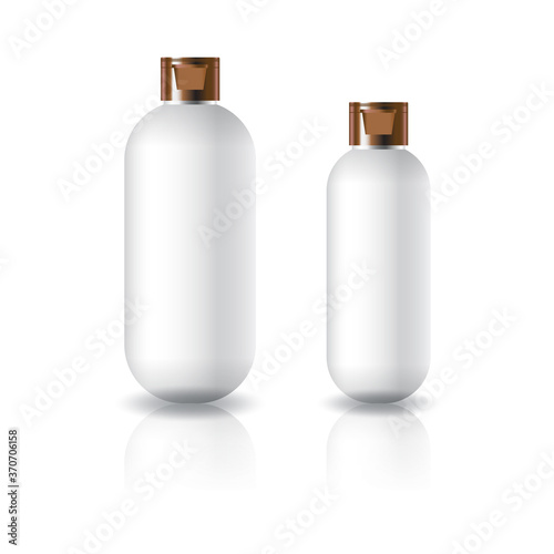 2 sizes of white oval round cosmetic bottle with copper cap lid for beauty or healthy product.