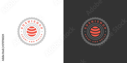 Sushi logo and badge japanese food restaurant with sushi salmon roll asian kitchen silhouette vector illustration