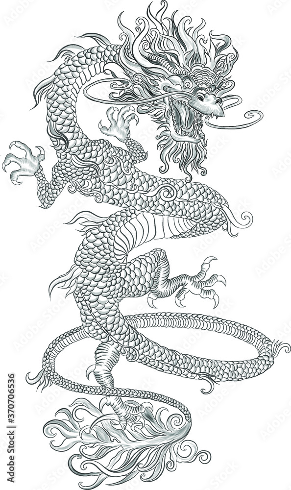traditional Chinese dragon symbol sketch black and white vector