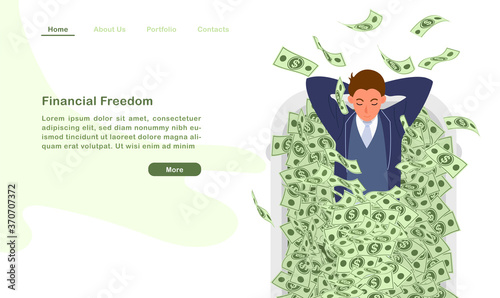 Website landing page template cartoon character a financila freedom man lying in bathtub with countless money bill