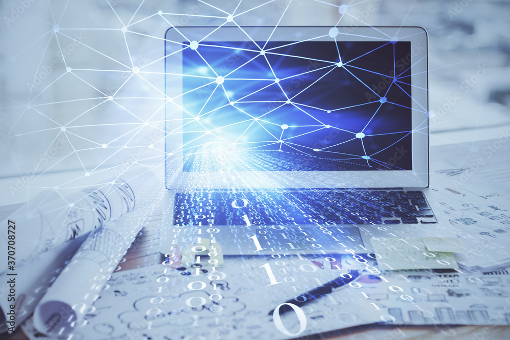 Double exposure of desktop computer and technology theme hologram. Concept of software development. Double exposure of desktop computer and technology theme hologram. Concept of software development.