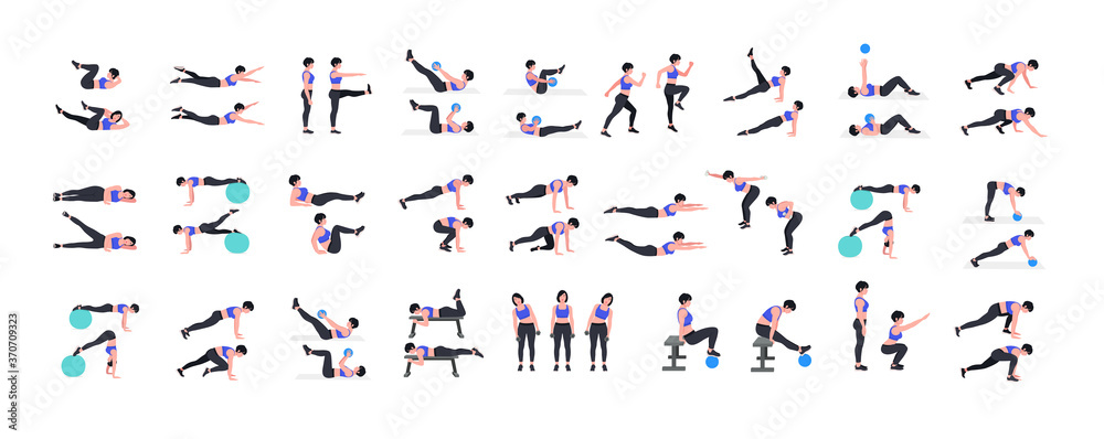 Women Workout Set. Women doing fitness and yoga exercises. Lunges, Pushups,  Squats, Dumbbell rows, Burpees, Side planks, Situps, Glute bridge, Leg Raise,  Russian Twist, Side Crunch .etc Stock Vector