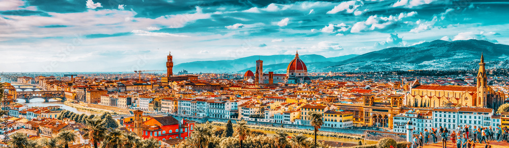 FLORENCE, ITALY - MAY 13, 2017 : Beautiful landscape above, panorama on historical view of the Florence from  Piazzale Michelangelo point .Italy.