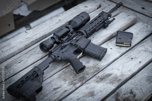 semi-automatic rifle, AR-10, night vision optics, thermal imager, ballistic calculator, soft focus, backlight, entourage
