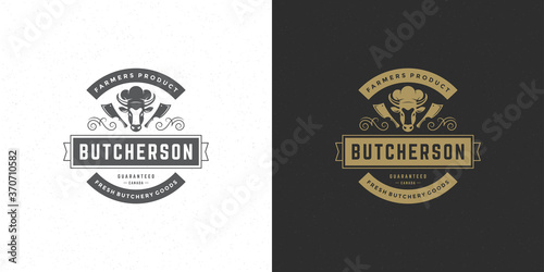Butcher shop logo vector illustration cow head silhouette good for farm or restaurant badge
