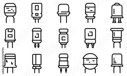 Capacitor icons set. Outline set of capacitor vector icons for web design isolated on white background