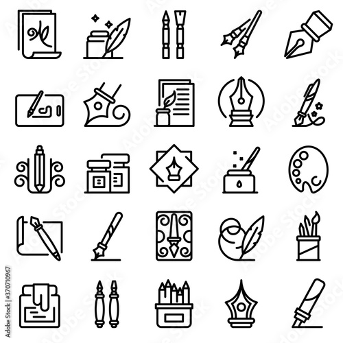 Calligraphy tools icons set. Outline set of calligraphy tools vector icons for web design isolated on white background