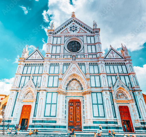 FLORENCE, ITALY- MAY 13, 2017: Basilica of Santa Croce (Basilica di Santa Croce di Firenze) on  Holy Cross Square (Piazza di Santa Croce) in  Florence. Italy. photo