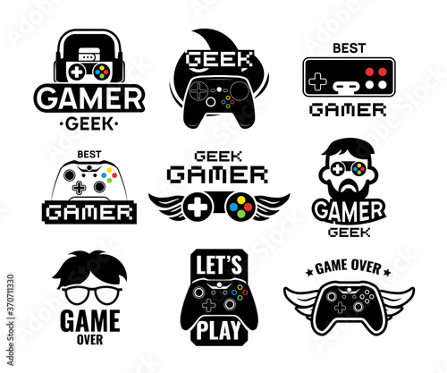 Video game logo set. Emblems with gamer, vintage and modern joystick console controller, headset. Isolated vector illustration for online game label template