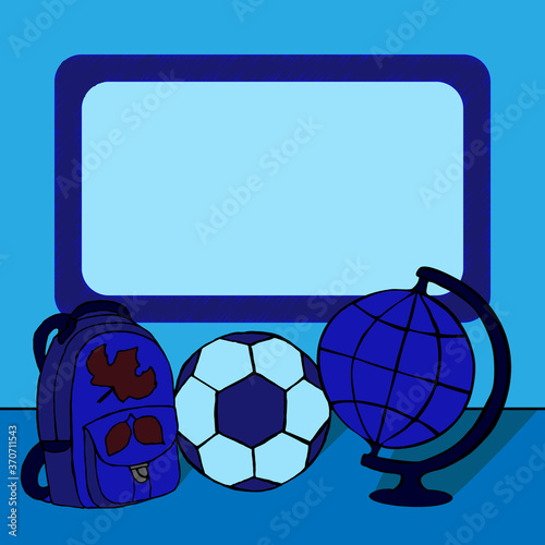 Blue background with school thematic elements and space for text, doodle backpack, ball and globe.  For web-design, covers, postcards and social posts.