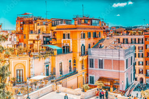Photography ROME, ITALY-MAY 08, 2017:  Beautiful landscape  urban and historical view of the Rome, street, people, tourists on it, urban life of the Eternal City above from Spanish Steps