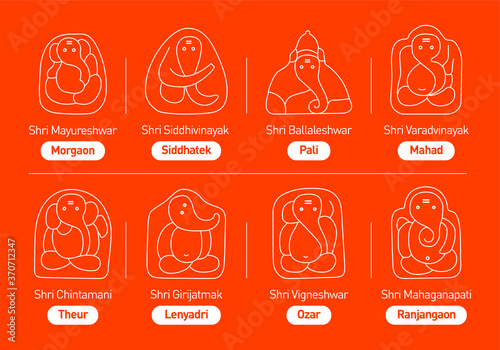 Vector graphic of Ashtavinayak, 8 types & names of  ganesha or Lord Ganapati -  Mayureshwar, Siddhivinayak, Ballaleshwar, 
Varadvinayak, Chintamani, Girijatmak, Vigneshwar, Mahaganapati - Maharashtra