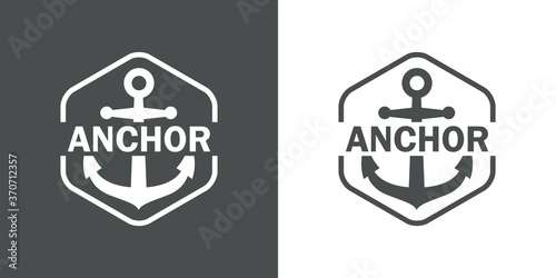 Logotipo estilo nautical con palabra Anchor. Icono plano ancla en hexágono lineal en fondo gris y blanco
