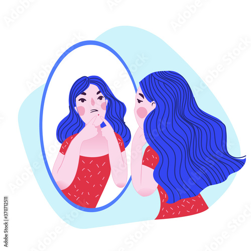 Young beauty care girl squeezing her pimple, looks her reflection in the mirror. Body Dysmorphic Disorder concept. Acne treatment. Vector illustration