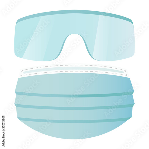 Antiviral protection. New set of laboratory glasses and a blue medical mask.