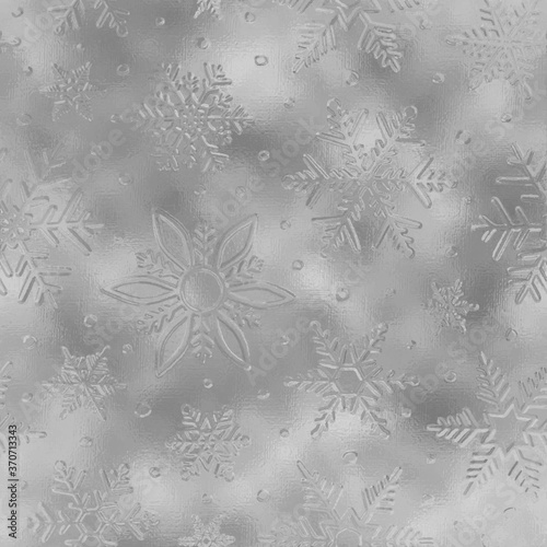 Winter foil. Snowflakes silver metallic effect seamless pattern. Marble  background. Glitter silver  texture. Falling scatter irregular snowflakes. Random snow backdrop for design prints. Vector