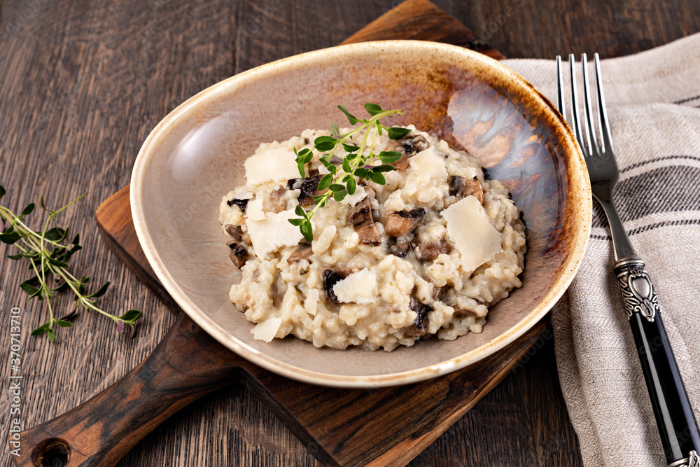 Mushroom risotto on plate, close up view Mushroom risotto on plate, close up view
