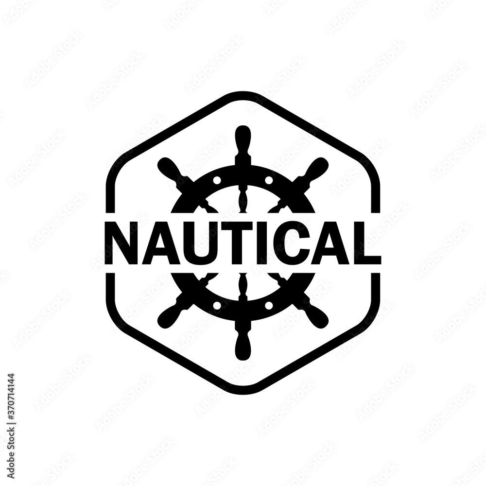 Logotipo con palabra Nautical. Icono plano timón en hexágono lineal en color negro Logotipo con palabra Nautical. Icono plano timón en hexágono lineal en color negro
