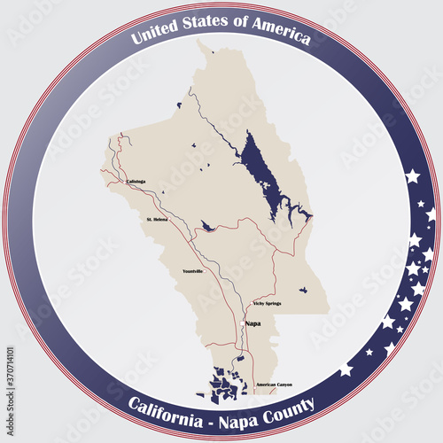 Round button with detailed map of Napa County in California, USA.