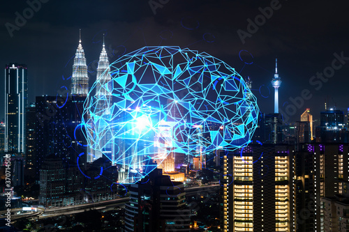 Photography Human brain hologram, aerial panoramic city view of Kuala Lumpur at night