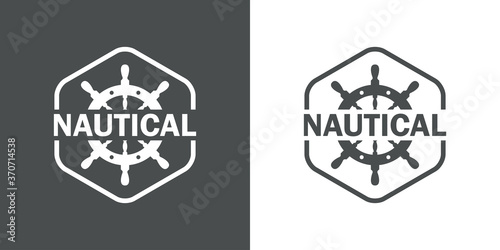 Logotipo con palabra Nautical. Icono plano timón en hexágono lineal en fondo gris y blanco