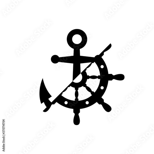 Logotipo estilo nautical. Icono plano timón y ancla en color negro