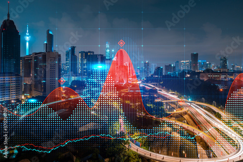 Photography FOREX graph hologram, aerial night panoramic cityscape of Kuala Lumpur