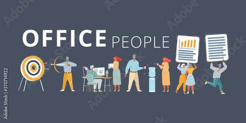 Vector illustration of Office team set on dark background. People on dark background. Office team working at workspaces. Work with files, cooler, aim and bow arrow
