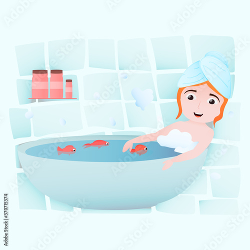 Happy little girl taking bath, daily routine activity, bathtub with foam bubles, red fish toys in bathtube, games in bathroom, having fun
