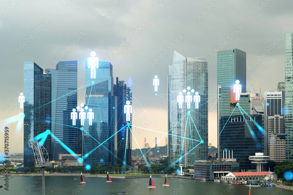 Hologram of social media icons over sunset panoramic cityscape of Singapore, Asia. The concept of people connections. Multi exposure.