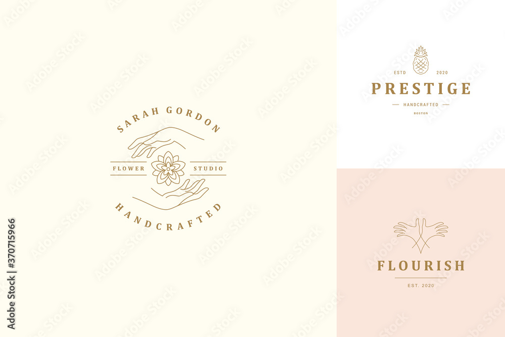 Vector line logos emblems design templates set - female gesture hands and flower illustrations simple linear style Vector line logos emblems design templates set - female gesture hands and flower illustrations simple linear style