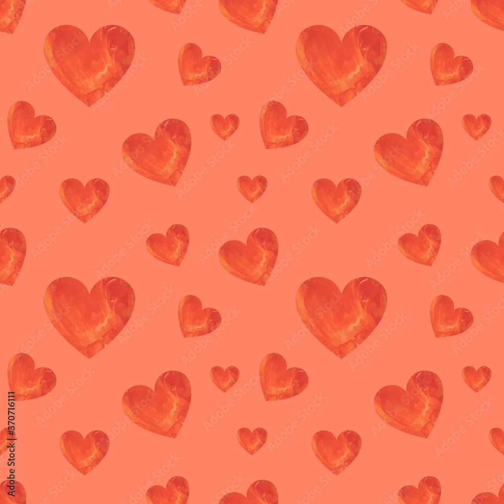 Vector colorful red seamless pattern, hearts background, graphic backdrop template, painted hearts.