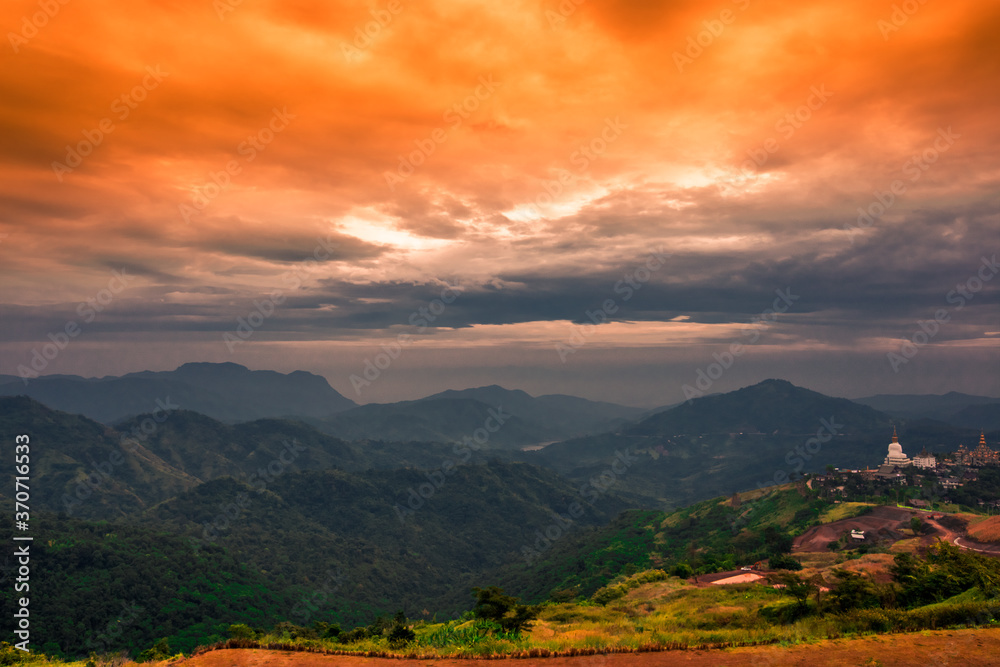 Fototapeta premium Natural background, high angle from the high mountains that can see the scenery around, the wind blows through the cool, blurred of traveling, the integrity of the moist forest.
