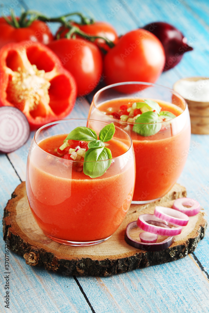 Cold Spanish soup Gazpacho served in glasses Cold Spanish soup Gazpacho served in glasses