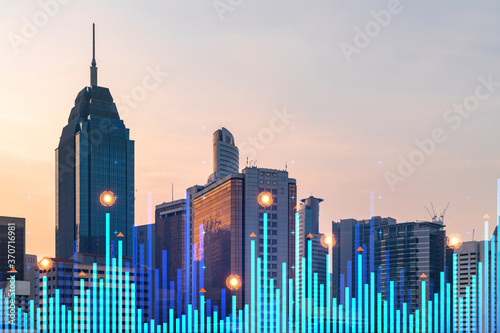 Canvas Print Market behavior graph hologram, sunset panoramic city view of Kuala Lumpur