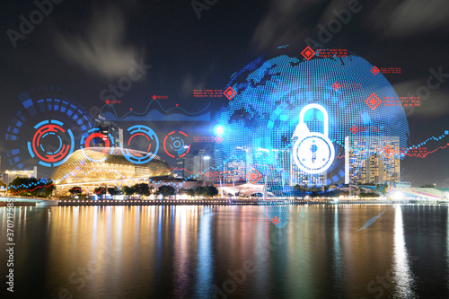 Canvas Print Glowing Padlock hologram, night panoramic city view of Singapore, Asia