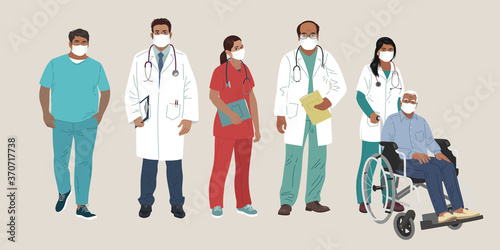 Indian Medics. Medical Characters. Doctor and Nurse wearing Face Mask, team of doctors concept, medical office or laboratory. Modern flat vector concept digital people vector illustration