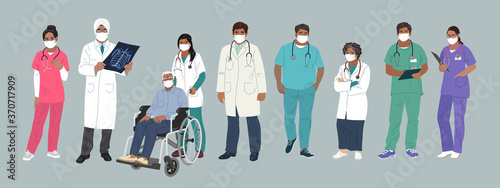Indian Medics. Medical Characters. Doctor and Nurse wearing Face Mask, team of doctors concept, medical office or laboratory. Modern flat vector concept digital people vector illustration