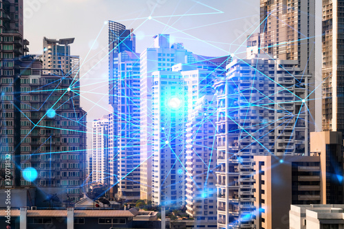 Photography Abstract technology icons hologram over panorama city view of Bangkok, Asia