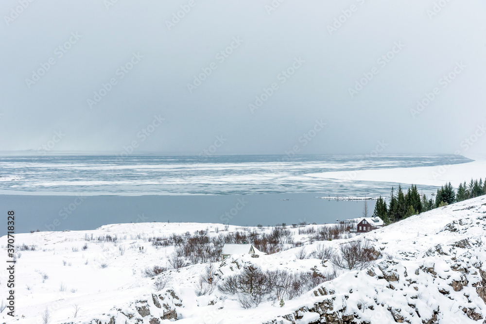 Picturesque winter landscape view of Thingvellir in Iceland.