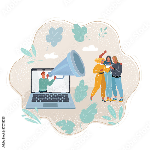 Illustration of man come out from screen of laptop holding large loudspeaker to attract followers for blog. Social media marketing strategy getting more people. Involvement of audience