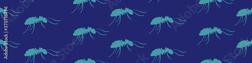 Ants seamless horizontal border. Green hand drawn insects on dark blue background. Vector illustration.