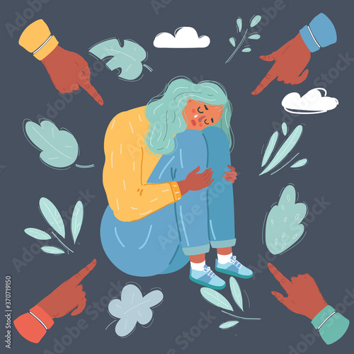 Cartoon illustration of Guilty woman looking down. Condemnation of society. People point to cry man with they fingers. Character on dark background.
