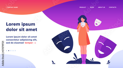 Person covering emotions, searching identity. Woman trying on carnival masks with happy or sad expressions. Vector illustration for psychology, mood changes, personality concept