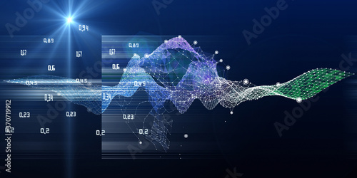 Fototapeta Naklejka Na Ścianę i Meble -  Abstract visualization analyze algorithm wavy grid data. Artificial intelligence. Quantum virtual cryptography concept with colorful grid. Big data.   Banner for business, science and technology.